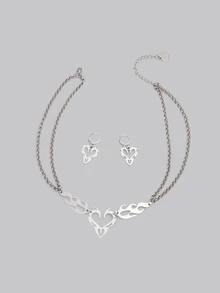 DareSee 3pcs Valentine's Day Gifts For Girlfriend Punk Silver Hollow Flame Heart Pendant Earrings Necklace Jewelry Set Men Women Hip Hop Party Jewelry Gifts - Silver - View 2