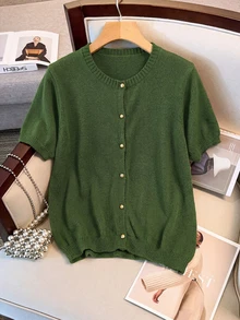 女士通勤开衫，优雅垂褶开襟衫 - 女士短袖纯色单排扣针织开衫，百搭款式，轻盈休闲，适合春夏空调房穿着 - 綠色 - 查看 1