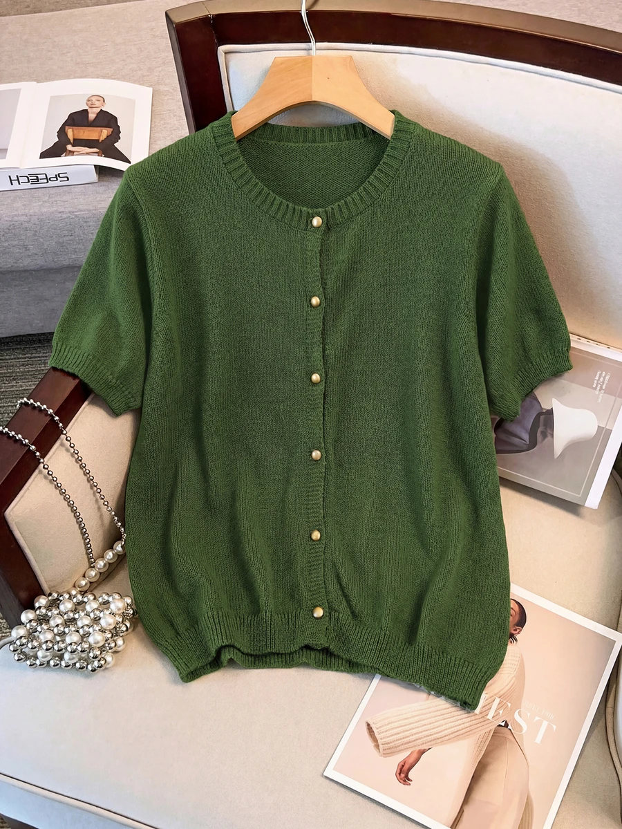 女士通勤开衫，优雅垂褶开襟衫 - 女士短袖纯色单排扣针织开衫，百搭款式，轻盈休闲，适合春夏空调房穿着 - 綠色 - 查看 1