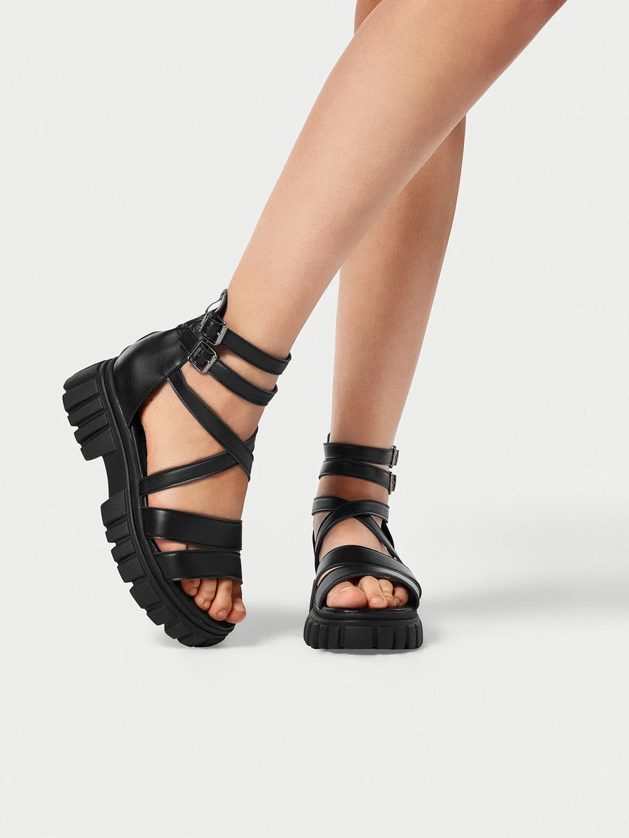 2025 Summer Women's Fashion Roman Sandals With Zipper Back, Hollow Out Versatile Comfortable Sandals - Black - View 1