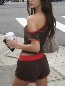 两件套女士撞色抽绳腰带短裤和短袖T恤，运动休闲修身日常街头穿搭 - 彩色 - 查看 2