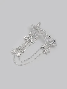 DareSee 1pc Couple's Fashionable Star Shaped Rhinestone Tassel Hollow Out Luxurious Chain Brooch Pin For Suit, Shirt - Silver - View 5