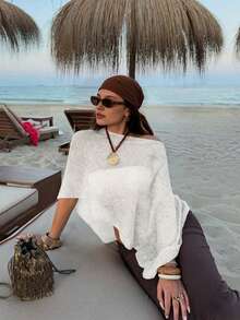 新款春夏女士白色轻薄不对称肩针织罩衫，针织面料，质感面料，度假风，宽松垂坠，显瘦，适合度假穿着，波西米亚风，性感，女士夏季 - 白色 - 查看 2