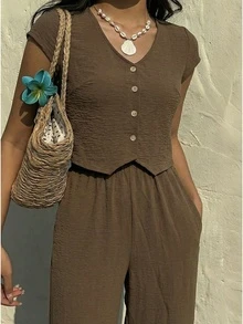 Women's Polka Dot Print Round Neck Bell Sleeve Long Sleeve Blouse, Summer - Brown - View 2