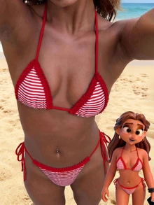 Đồ bơi bikini nữ, họa tiết chấm bi kẻ caro cổ điển, trang phục thời trang OOTD/Trang phục đi chơi/Phong cách Y2K/Kỳ nghỉ/Trang phục đi biển mùa hè cho lễ hội âm nhạc - Đỏ và trắng - Xem 2
