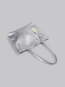 DareSee Large Capacity One Shoulder PU Tote Bag, Crocodile Print Fashion Women's Commuter Handbag, Cross-Border EU/US Style Versatile Backpack[Random Crocodile Print] - Silver - View 4