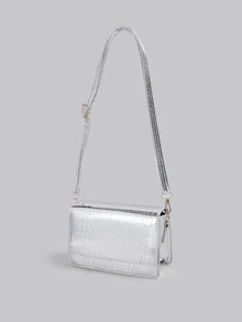 DareSee Mini Metallic Crocodile Embossed Flap Square Bag Silver , Funky, Punk & Bag For Street Wear - Silver - View 2