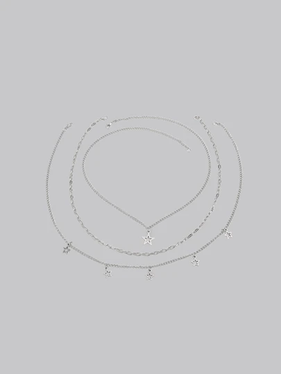 DareSee 3pcs/Set Silver Star Necklace, Fashion Women Chain Necklace & Charm Necklace Set, Silver-Color Necklace Sets For Ladies