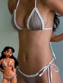 女士比基尼泳衣，可爱波西米亚风格子印花，内置胸罩，适合度假、海滩、泳池和休闲穿着，是秋冬季节、情人节、圣诞节、新年派对以及2026年春夏海滩装扮的理想之选。 - 咖啡棕 - 查看 6