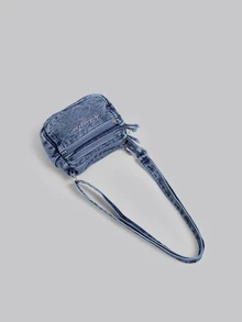 DareSee 1个女士休闲牛仔斜挎包，多拉链封口小方包，多口袋休闲单肩包，适合日常使用，经典牛仔风格，刺绣字母装饰，迷你斜挎包是送给想要轻便便捷包包的女孩的最佳礼物。音乐节 - 藍色 - 查看 4