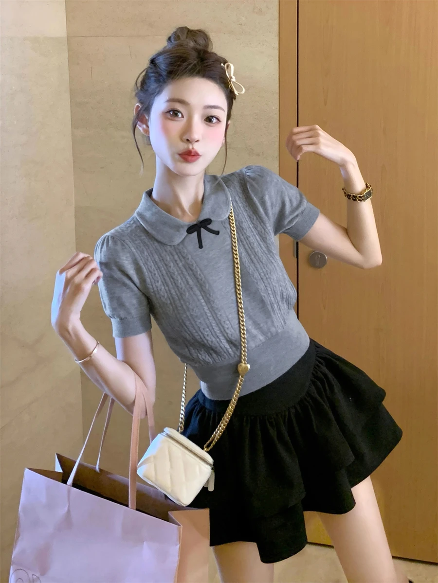 可爱温顺蝴蝶结领薄针织短袖上衣，女款优雅甜美学院风T恤，修身夏季纹理套头衫 - 灰色 - 查看 1