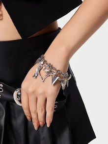 DareSee 1pc Women Fashion Multi-Element Beaded Bracelet With Western Cowboy, Turquoise, Crown, Butterfly, Cross, Faux Pearl Charms - Antique Silver - View 2