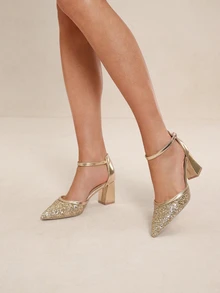 Etoivie Giày cao gót đế dày màu vàng ánh kim, mũi nhọn, lấp lánh, thích hợp cho đám cưới. - Vàng - Xem 3