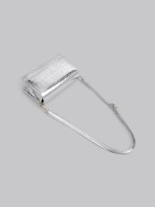 DareSee Mini Metallic Crocodile Embossed Flap Square Bag Silver , Funky, Punk & Bag For Street Wear - Silver - View 4