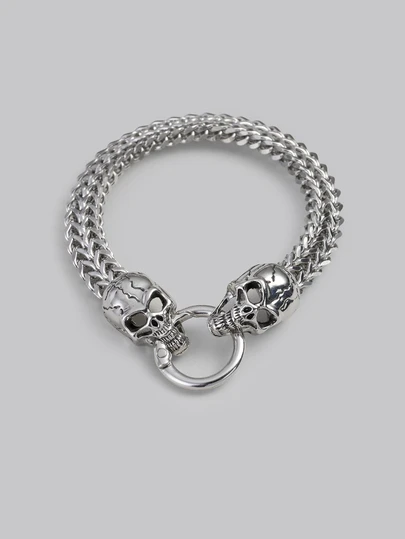 DareSee Stainless Steel Nordic Double Wolf Head Bracelet Men's Retro Punk Mesh Chain Animal Bracelet Hip Hop Rock Jewelry