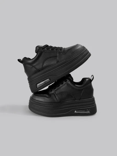 DareSee Fall/Winter 1 Pair Women's Comfortable New Platform Thick Sole Sneakers, Leather Upper Round Toe Lace-Up White Chunky Sneakers, Lightweight Anti-Slip Black Casual Shoes