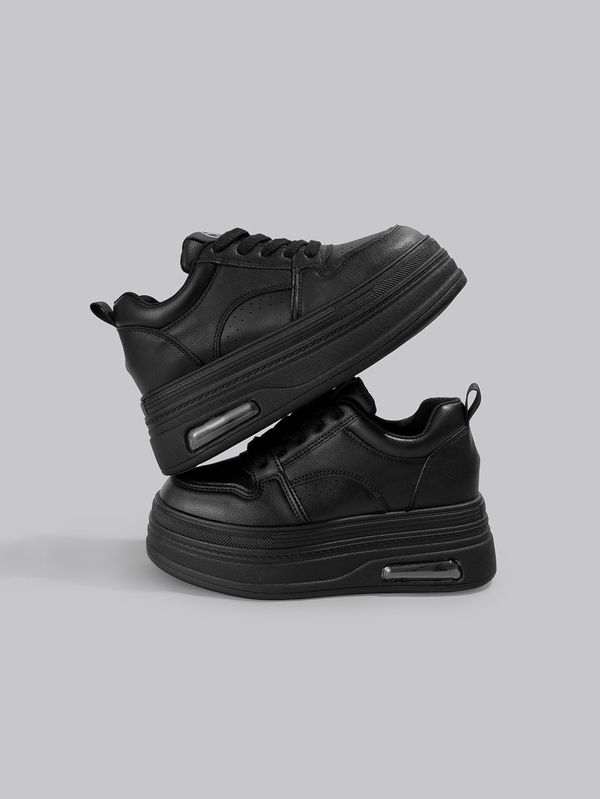 DareSee Fall/Winter 1 Pair Women's Comfortable New Platform Thick Sole Sneakers, Leather Upper Round Toe Lace-Up White Chunky Sneakers, Lightweight Anti-Slip Black Casual Shoes