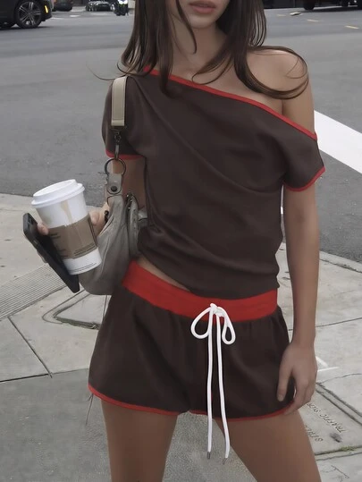 2pcs/Set Women Contrast Color Drawstring Waist Shorts And Short Sleeve T-Shirt, Sporty Casual Fitted Daily Street Outfit