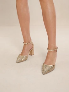 Etoivie Giày cao gót đế dày màu vàng ánh kim, mũi nhọn, lấp lánh, thích hợp cho đám cưới. - Vàng - Xem 1