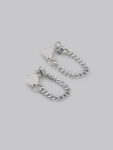 DareSee 1 Pair Of Stylish Charming Stainless Steel Replica Heart Shape Chain Earrings, Women's Daily Fashion Jewelry Accessories, Birthday Party Gift Valentines,Mom,Mother,Mother's Day,Gift - Silver - View 5