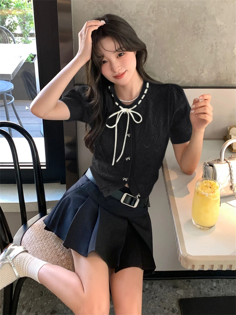 优雅时尚短款开衫，纹理针织，正面系带，短袖，适合上学、度假、通勤和约会，春夏季 - 黑色 - 查看 1