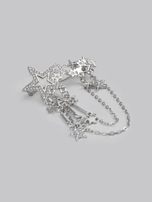 DareSee 1pc Couple's Fashionable Star Shaped Rhinestone Tassel Hollow Out Luxurious Chain Brooch Pin For Suit, Shirt - Silver - View 2