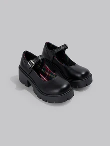 DareSee Giày Mary Jane cỡ lớn dành cho nữ, kiểu dáng Preppy, chất liệu da PU, quai cài, gót chunky, đế dày, màu đen mờ (kích cỡ nhỏ hơn một size) - Phong cách lễ hội âm nhạc - màu đen - Xem 1