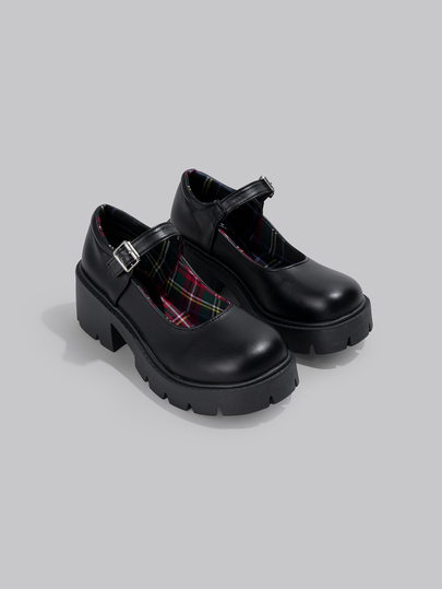 DareSee Plus Size Women's Mary Jane Shoes, Preppy Style PU Leather Buckle Strap Chunky Heel Thick Sole Loafers, Matte Black (Run Small By One Size) Music Fest Halloween