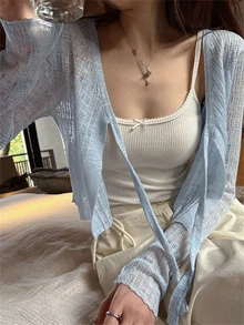 系带开衫透视镂空长袖针织毛衣，短款上衣，适合返校季 - 藍色 - 查看 2