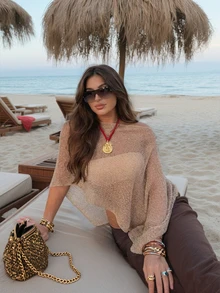 新款卡其色轻薄露肩罩衫，采用针织纹理面料，宽松版型，显瘦，适合度假、波西米亚风、性感、夏季海滩穿着 - 卡其色 - 查看 4