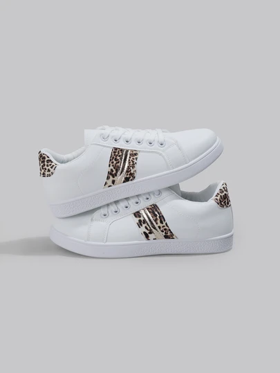 DareSee Fall/Winter Colorblock Leopard Detail Lace-Up Front Skate Shoes,Sneakers For Women