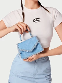DareSee 1 pieza Bolso cuadrado pequeño con flecos de moda para mujer, bolso de hombro versátil con cadena, bolso cruzado para dama, bolso de mano ligero y elegante para uso casual, ideal para festivales de música - Azul - Ver 2