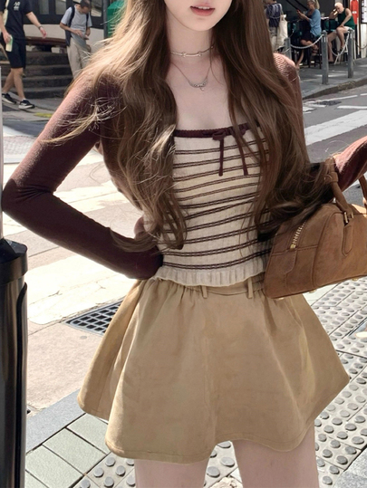 2pcs/Set Women Casual Striped Camisole & Cardigan Sweater Set, Cute For Christmas & New Year, Suitable For Outings, Dates, Afternoon Tea, Spring Fall