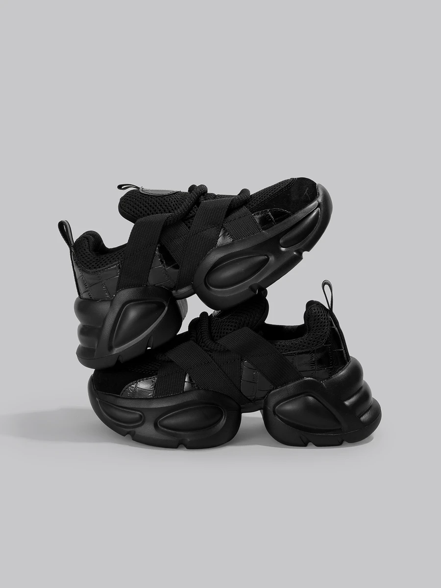 DareSee Giày thể thao nữ mùa Thu/Đông, chất liệu lưới dày dặn, buộc dây, thoáng khí, đế cao, kiểu dáng chunky, thích hợp cho các lễ hội âm nhạc. - màu đen - Xem 1