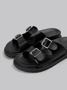 DareSee Damen Runde Zehenkappe Doppel-Schnallen-Riemen Plateau Schwarz Slide Sandalen, rutschfeste Casual Hausschuhe für Innen geeignet, Strandurlaub, Große Größen, modisch vielseitig für Musikfestivals - Schwarz - Übersicht 5