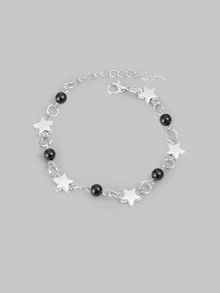 DareSee 1pc Punk Style Black Faux Pearl Five Pointed Star Detail Bracelet For Women - Black Five-pointed Star - View 1