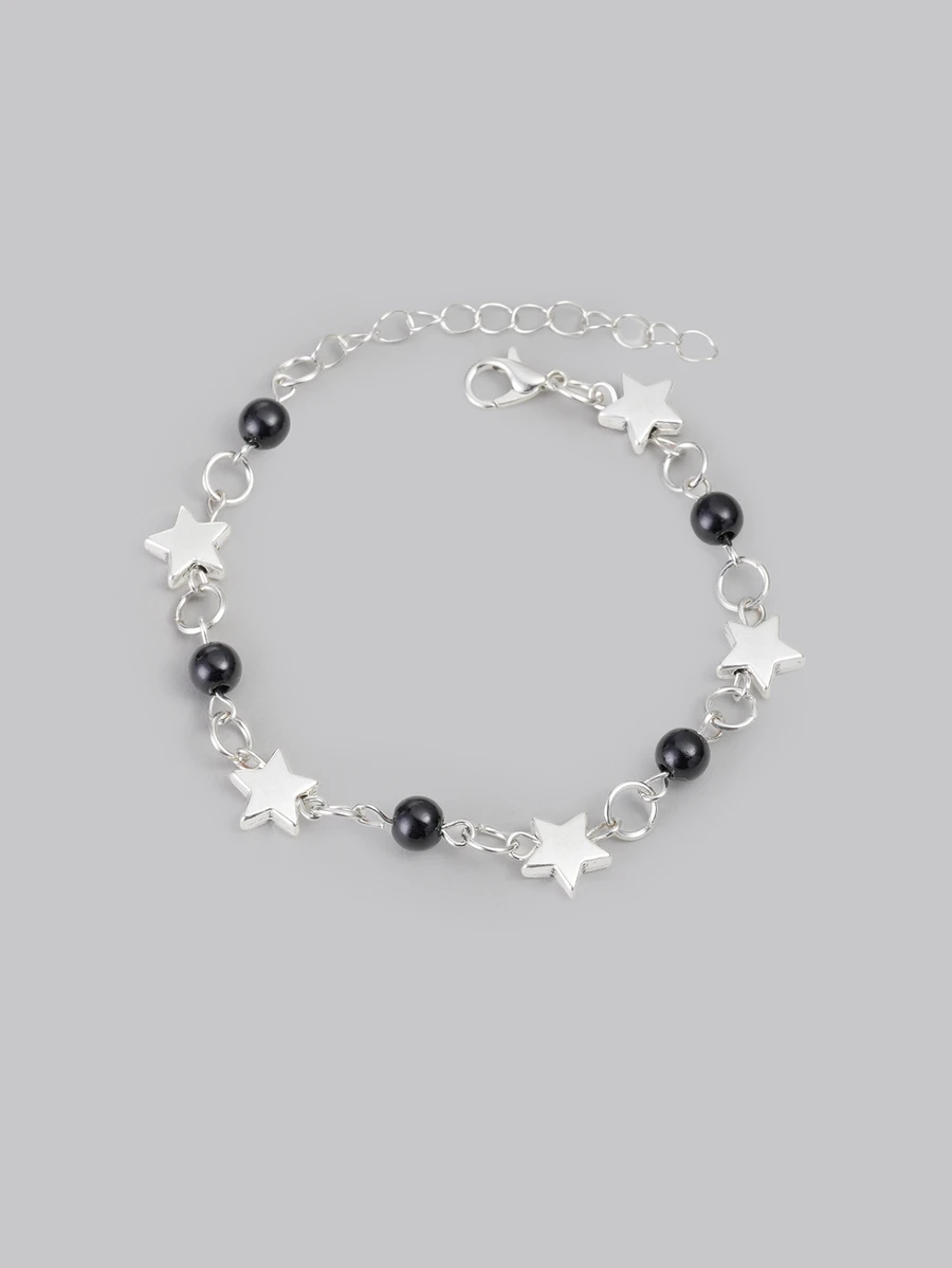 DareSee 1pc Punk Style Black Faux Pearl Five Pointed Star Detail Bracelet For Women - Black Five-pointed Star - View 1