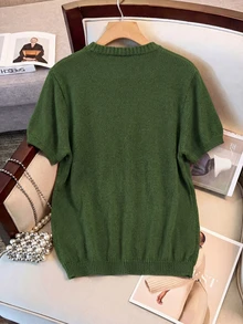 女士通勤开衫，优雅垂褶开襟衫 - 女士短袖纯色单排扣针织开衫，百搭款式，轻盈休闲，适合春夏空调房穿着 - 綠色 - 查看 2