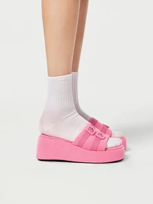 DareSee 2025 New Women Fashion Simple Comfortable Personalized Casual Black Fabric Thick Bottom Wedge Sandals - Pink - View 3