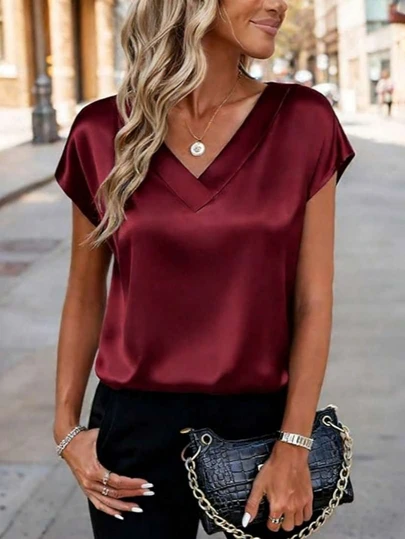 Summer Women Fashion V Neck Solid Color Satin Batwing Sleeve Blouse Tops, Lady Loose Office Vacation Shirts ﻿