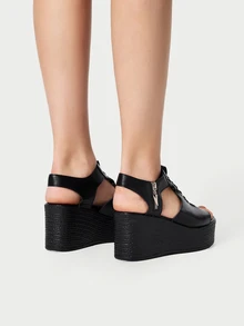 DareSee 女士夏季凉鞋，时尚个性化露趾编织侧拉链露趾黑色凉鞋，舒适百搭沙滩凉鞋，休闲复古风格，适合室内外穿着，优雅女士厚底坡跟凉鞋 - 黑色 - 查看 3