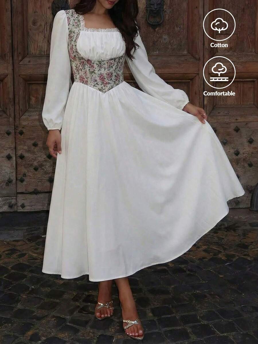 女士白色飘逸中长连衣裙 | 长袖方领花卉刺绣棉质连衣裙，适合约会和活动 - 白色 - 查看 1