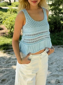 Women's Minimalist Elegant Knit Top, Casual Chic Style, Spring/Summer - Blue - View 2