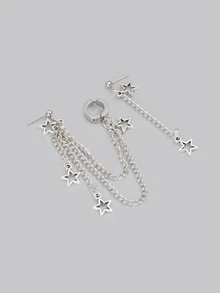 DareSee 1 对星形耳环套装，包括星形吊坠耳环、Y2K 星形魅力夹式耳环、星形链式吊坠耳环、镂空星形街头时尚耳环、情侣星形耳环、星形链式耳饰 - 銀色 - 查看 3