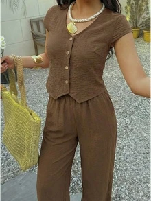 Women's Polka Dot Print Round Neck Bell Sleeve Long Sleeve Blouse, Summer - Brown - View 1