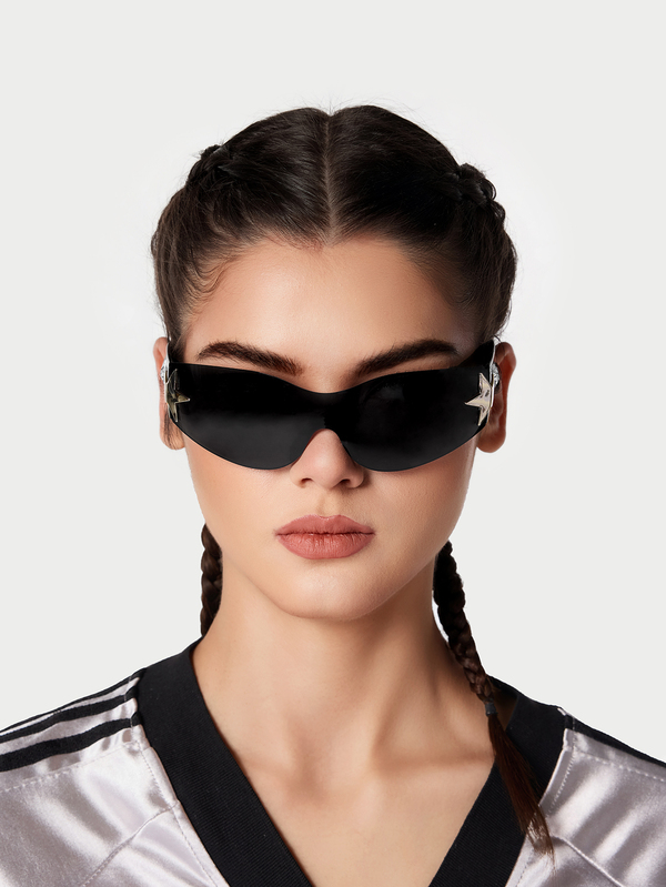 DareSee 1 件女士无框星形装饰 Y2K 时尚眼镜，适合日常使用 Y2KFest 音乐节，适合夏季海滩度假、户外、旅行，星形装饰街头 Y2k 风格超大包裹式镜框，适合音乐节，适合返校季学院风