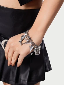 DareSee 1pc Women Fashion Multi-Element Beaded Bracelet With Western Cowboy, Turquoise, Crown, Butterfly, Cross, Faux Pearl Charms - Antique Silver - View 5