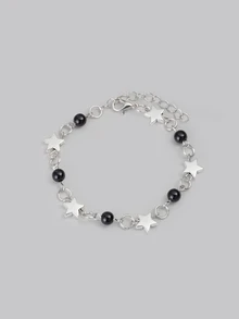 DareSee 1pc Punk Style Black Faux Pearl Five Pointed Star Detail Bracelet For Women - Black Five-pointed Star - View 3
