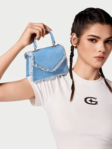 DareSee 1 pieza Bolso cuadrado pequeño con flecos de moda para mujer, bolso de hombro versátil con cadena, bolso cruzado para dama, bolso de mano ligero y elegante para uso casual, ideal para festivales de música - Azul - Ver 4