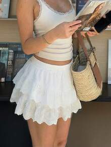 White Hollow Embroidered Ruffle Hem Mini Skirt | Elastic Waist Sweet Girl Skirt Suitable For Dates And Daily Wear - White - View 2